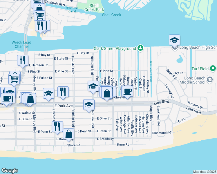 map of restaurants, bars, coffee shops, grocery stores, and more near 11 Dalton Street in Long Beach