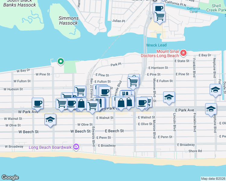 map of restaurants, bars, coffee shops, grocery stores, and more near 70 East Market Street in Long Beach