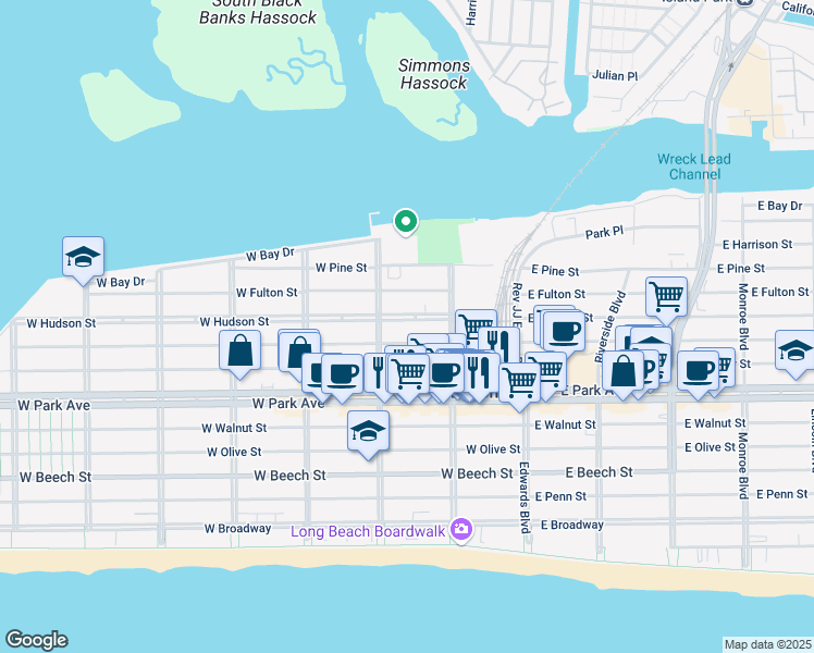 map of restaurants, bars, coffee shops, grocery stores, and more near 132 West Market Street in Long Beach