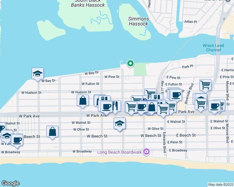 map of restaurants, bars, coffee shops, grocery stores, and more near 234 West Market Street in Long Beach