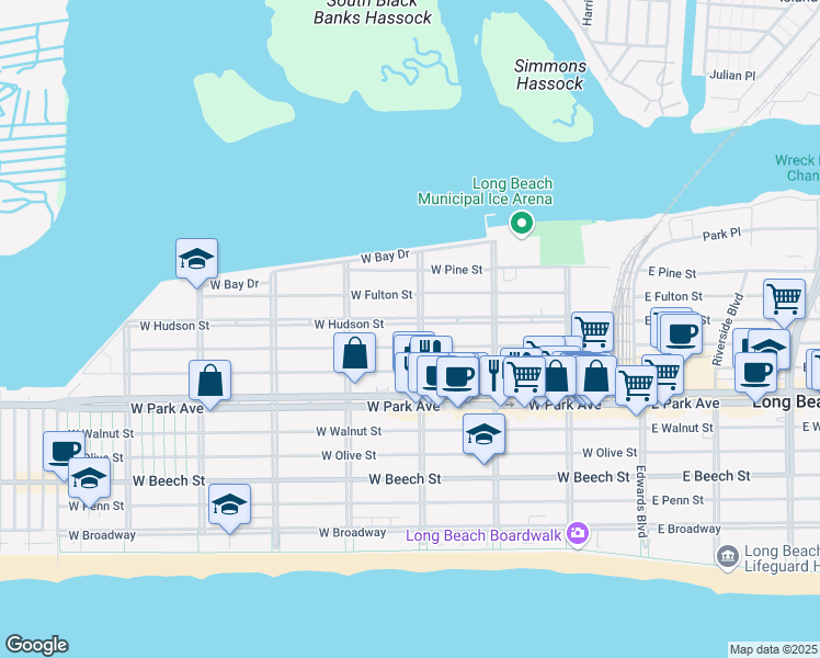 map of restaurants, bars, coffee shops, grocery stores, and more near 468 Laurelton Boulevard in Long Beach