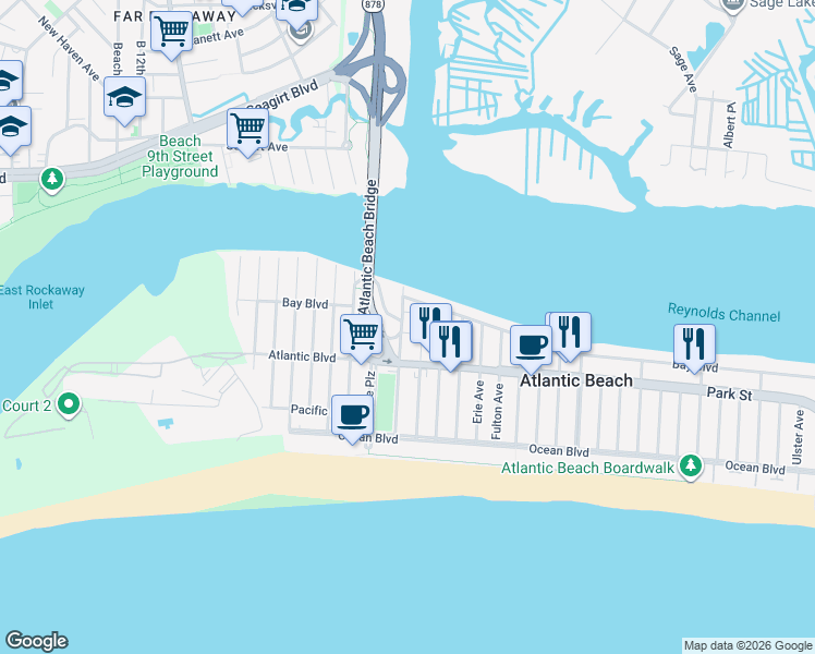 map of restaurants, bars, coffee shops, grocery stores, and more near 115 Broome Avenue in Atlantic Beach