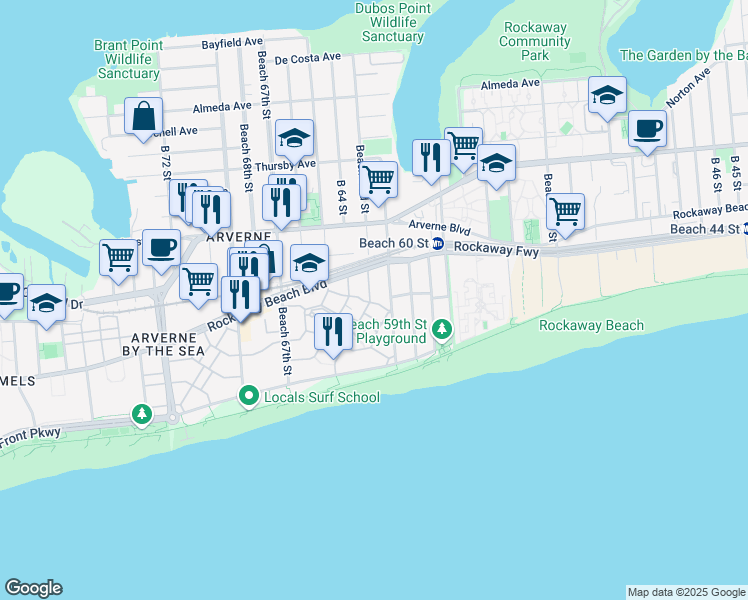 map of restaurants, bars, coffee shops, grocery stores, and more near 6316 Ocean Avenue North in Queens