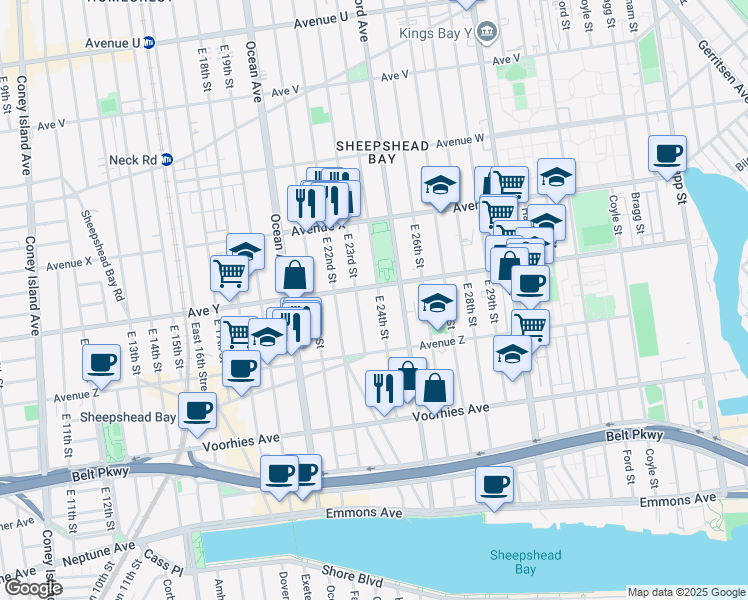 map of restaurants, bars, coffee shops, grocery stores, and more near 2547 East 24th Street in Brooklyn