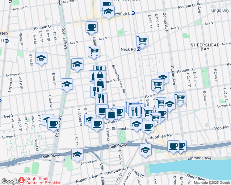 map of restaurants, bars, coffee shops, grocery stores, and more near 2470 Homecrest Avenue in Brooklyn