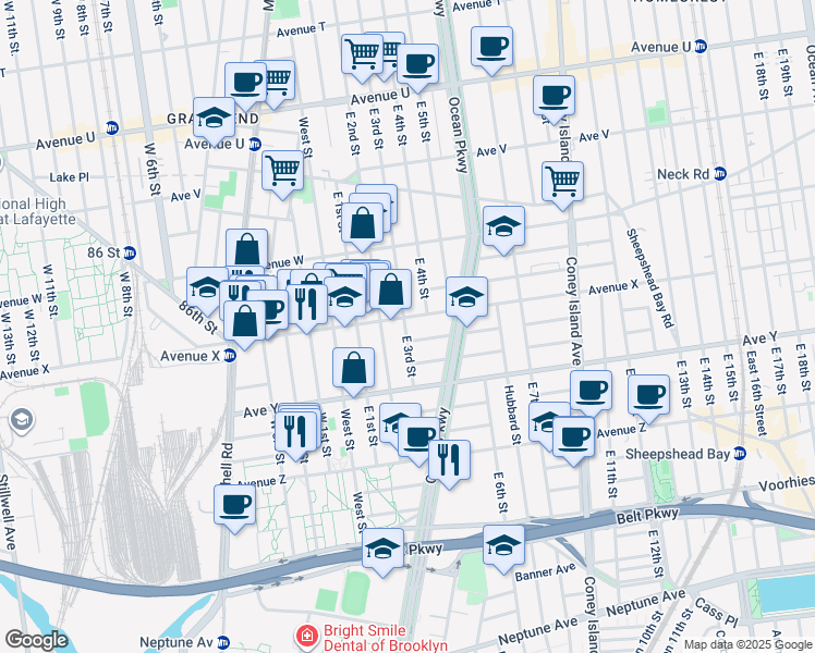 map of restaurants, bars, coffee shops, grocery stores, and more near 2431 East 2nd Street in Brooklyn