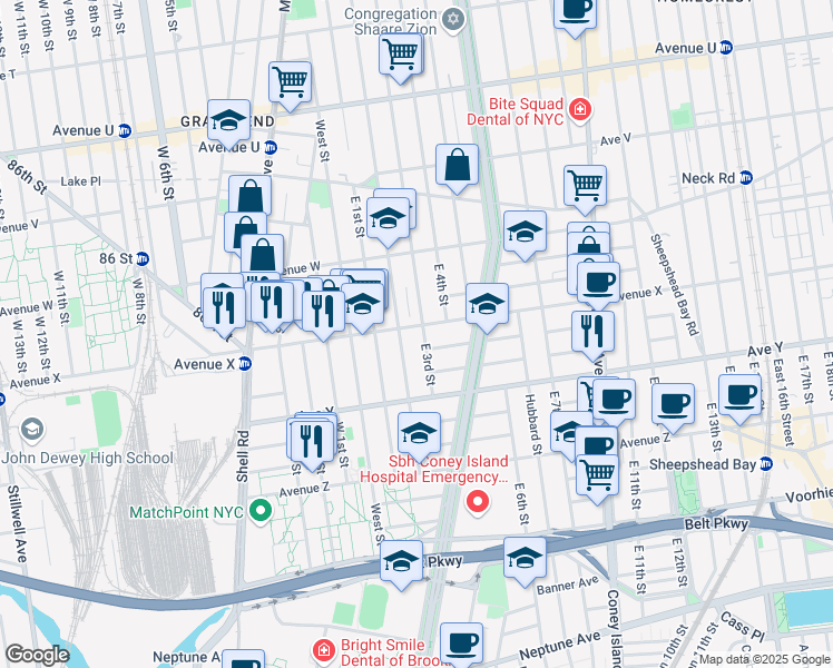 map of restaurants, bars, coffee shops, grocery stores, and more near 2431 East 2nd Street in Brooklyn