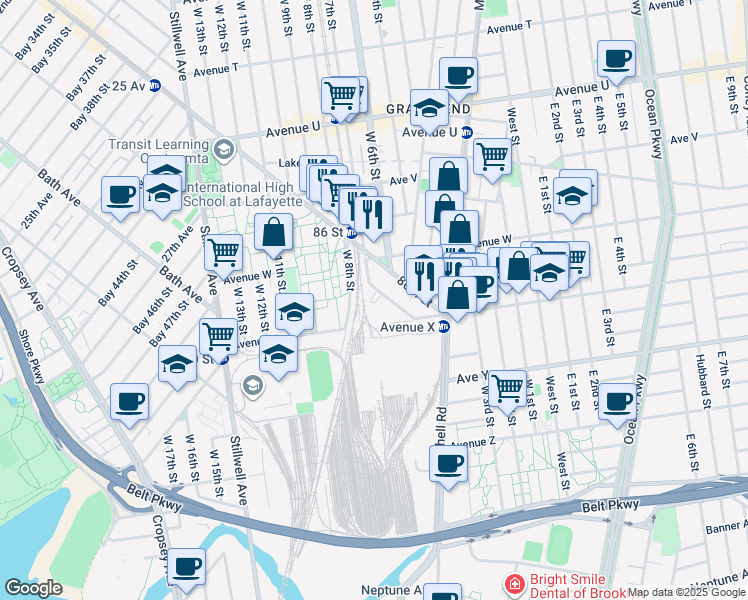 map of restaurants, bars, coffee shops, grocery stores, and more near 2362 West 7th Street in Brooklyn
