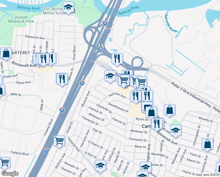 map of restaurants, bars, coffee shops, grocery stores, and more near 31 Harrison Avenue in Carteret