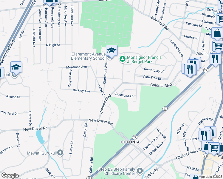 map of restaurants, bars, coffee shops, grocery stores, and more near 507 Colonia Boulevard in Woodbridge Township