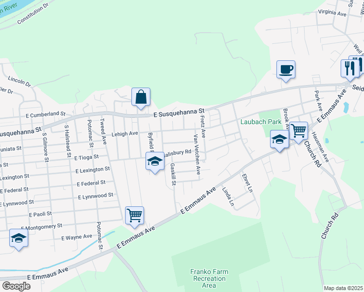 map of restaurants, bars, coffee shops, grocery stores, and more near 1230 Salisbury Road in Allentown