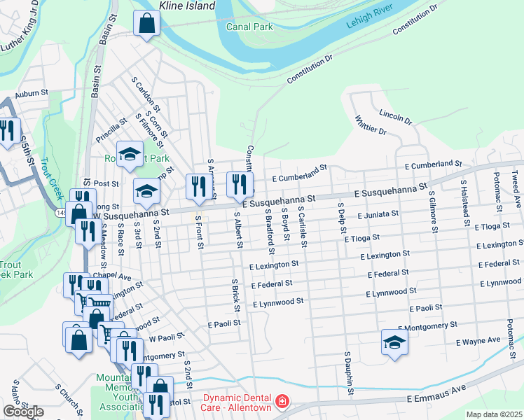 map of restaurants, bars, coffee shops, grocery stores, and more near 202 East Juniata Street in Allentown