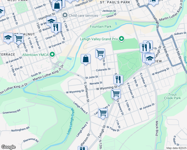 map of restaurants, bars, coffee shops, grocery stores, and more near 910 South 12th Street in Allentown