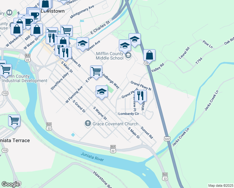 map of restaurants, bars, coffee shops, grocery stores, and more near 29 Grand Parkway North in Lewistown