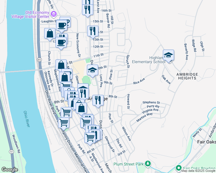 map of restaurants, bars, coffee shops, grocery stores, and more near 811 Pine Street in Ambridge