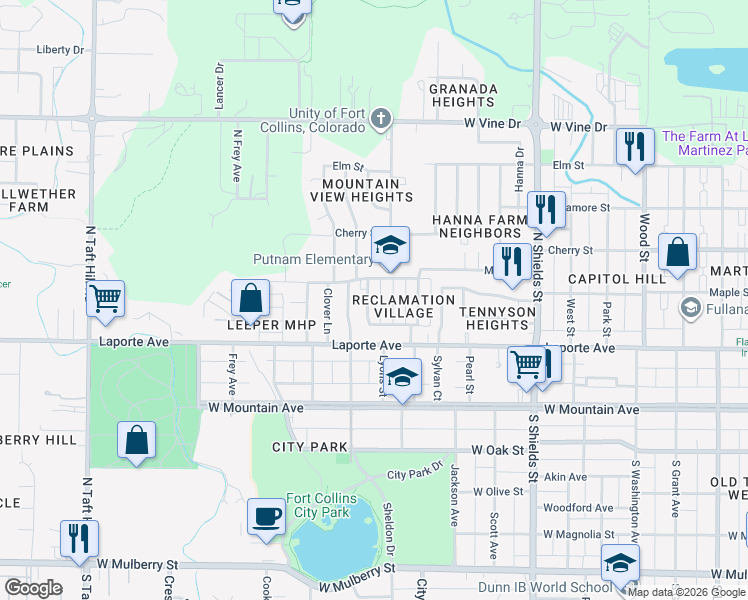 map of restaurants, bars, coffee shops, grocery stores, and more near 223 Lyons Street in Fort Collins