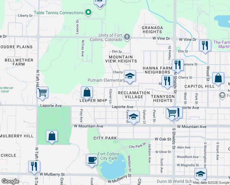 map of restaurants, bars, coffee shops, grocery stores, and more near 212 North Roosevelt Avenue in Fort Collins