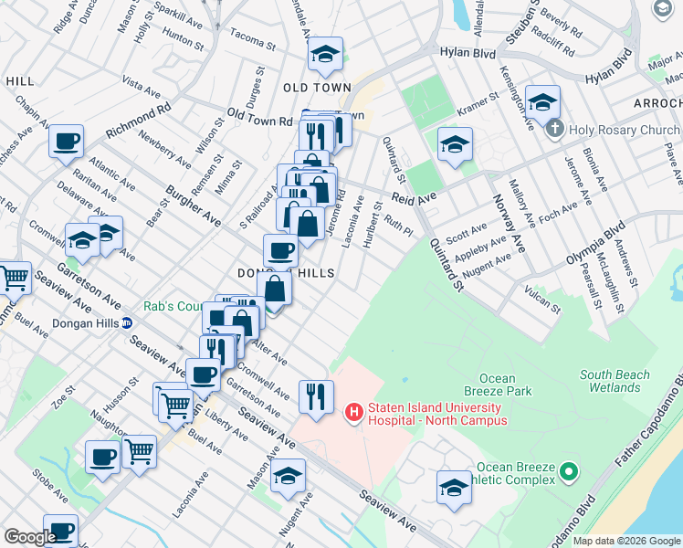 map of restaurants, bars, coffee shops, grocery stores, and more near 369 Burgher Avenue in Staten Island