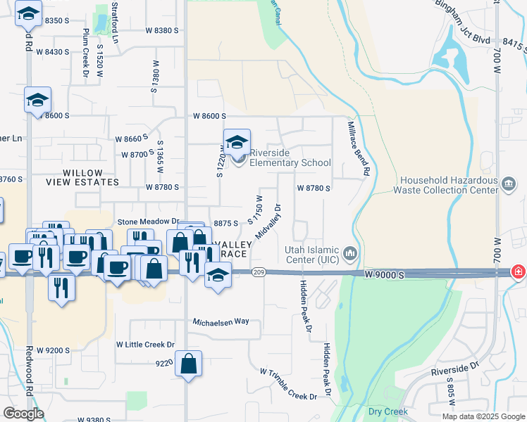 map of restaurants, bars, coffee shops, grocery stores, and more near 8843 Capernaum Road in West Jordan