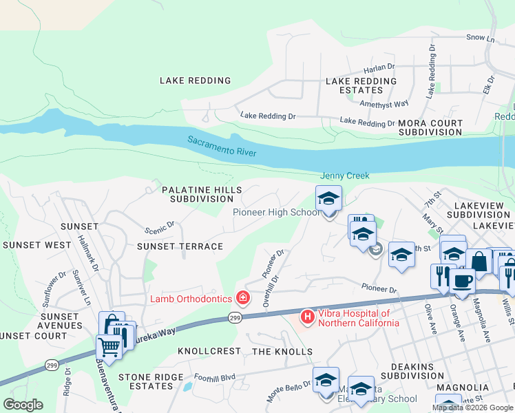 map of restaurants, bars, coffee shops, grocery stores, and more near 537 Royal Oaks Drive in Redding