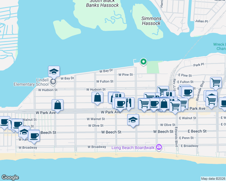 map of restaurants, bars, coffee shops, grocery stores, and more near 468 Laurelton Boulevard in Long Beach