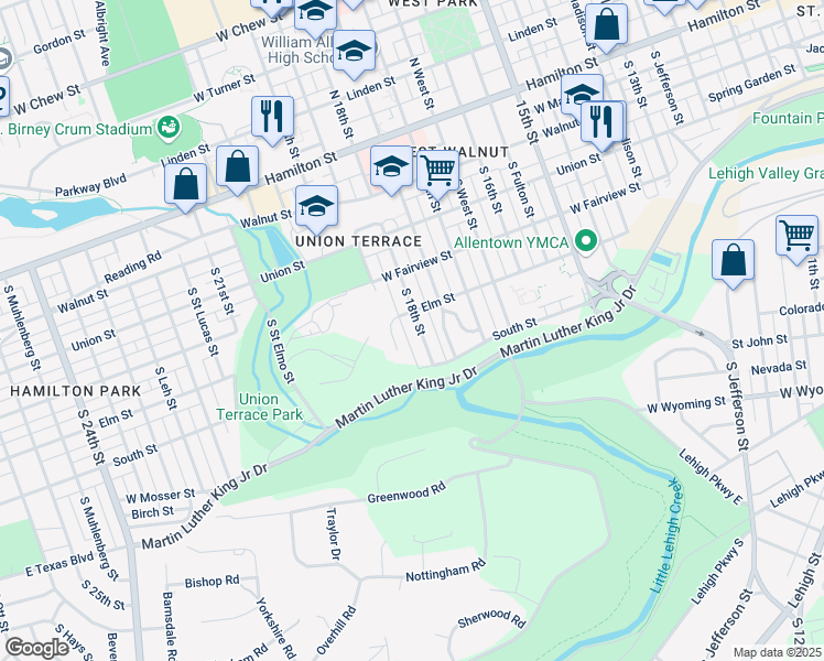 map of restaurants, bars, coffee shops, grocery stores, and more near 418 South 18th Street in Allentown