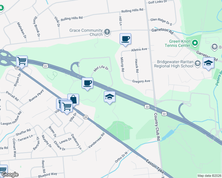 map of restaurants, bars, coffee shops, grocery stores, and more near 501 U.S. 22 in Bridgewater