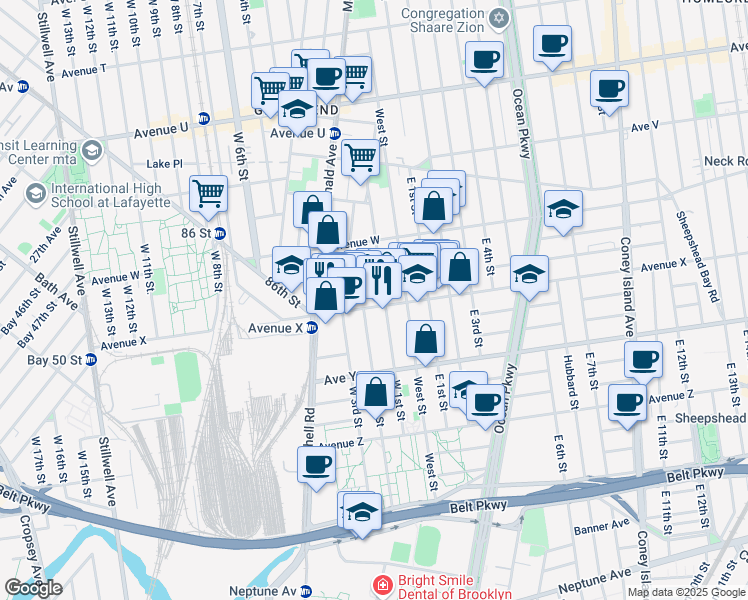 map of restaurants, bars, coffee shops, grocery stores, and more near 2415 West 1st Street in Brooklyn