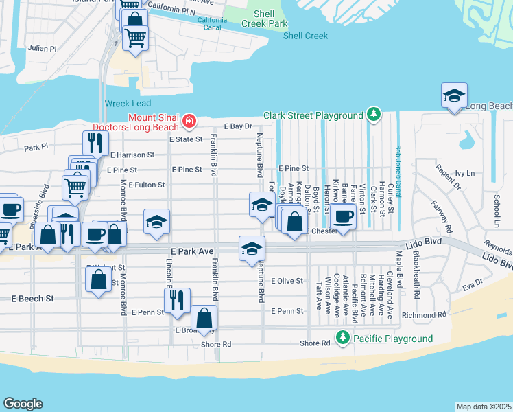 map of restaurants, bars, coffee shops, grocery stores, and more near 455 Neptune Boulevard in Long Beach