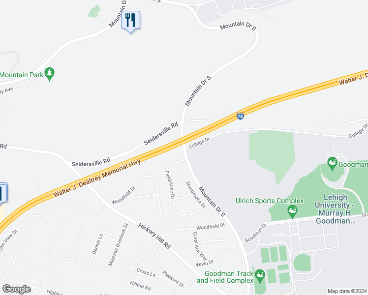 map of restaurants, bars, coffee shops, grocery stores, and more near Mountain Drive South in Bethlehem