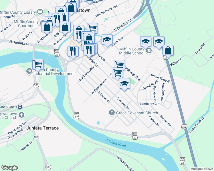 map of restaurants, bars, coffee shops, grocery stores, and more near 509 South Wayne Street in Lewistown