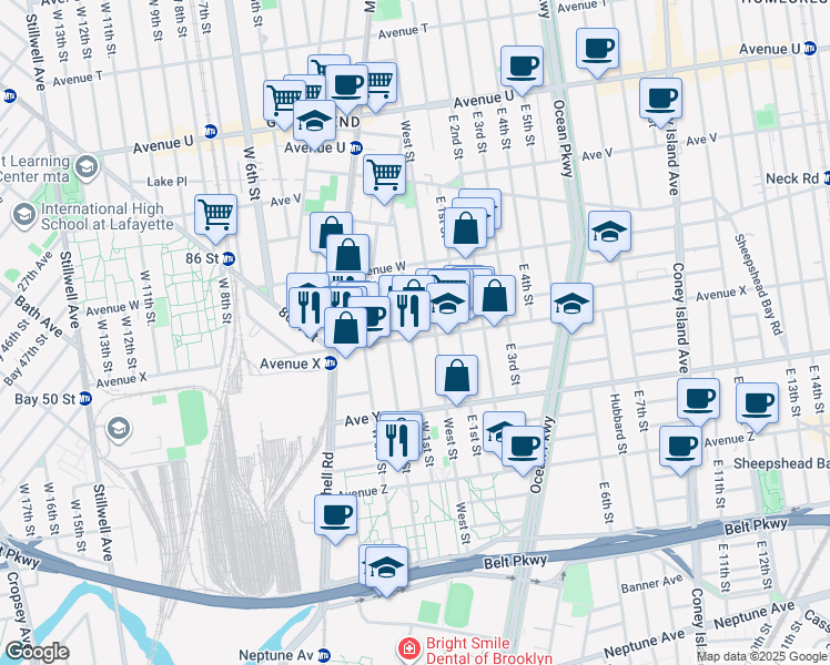 map of restaurants, bars, coffee shops, grocery stores, and more near 2415 West 1st Street in Brooklyn