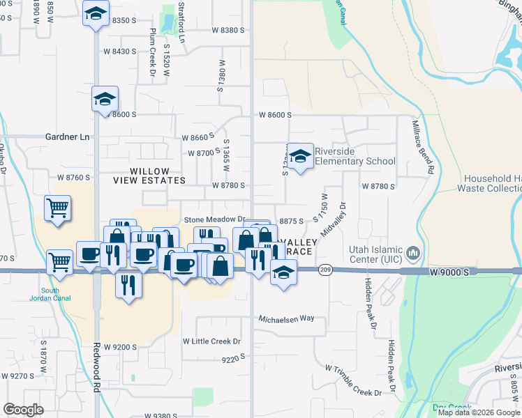 map of restaurants, bars, coffee shops, grocery stores, and more near 1275 West 8830 South in West Jordan