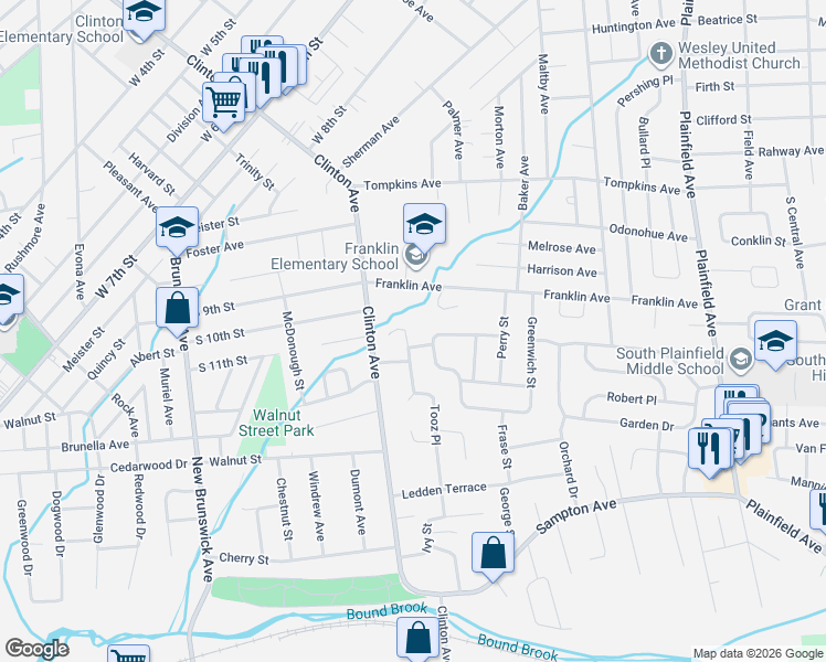 map of restaurants, bars, coffee shops, grocery stores, and more near 1306 Tooz Place in South Plainfield