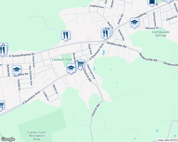 map of restaurants, bars, coffee shops, grocery stores, and more near 1532 Church Road in Allentown