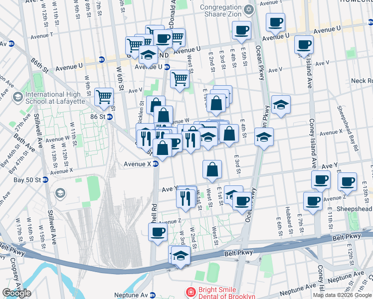 map of restaurants, bars, coffee shops, grocery stores, and more near 2415 West 1st Street in Brooklyn