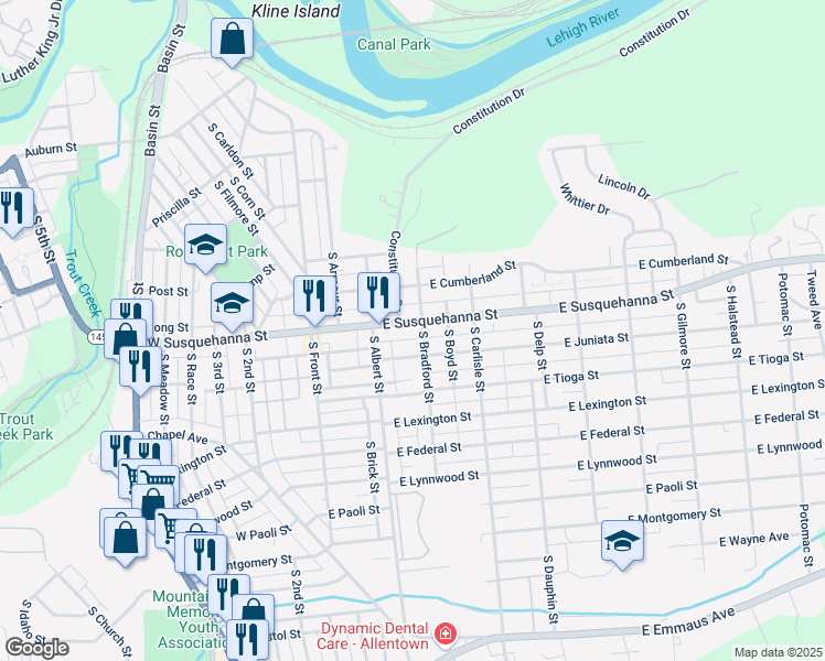 map of restaurants, bars, coffee shops, grocery stores, and more near 202 East Juniata Street in Allentown