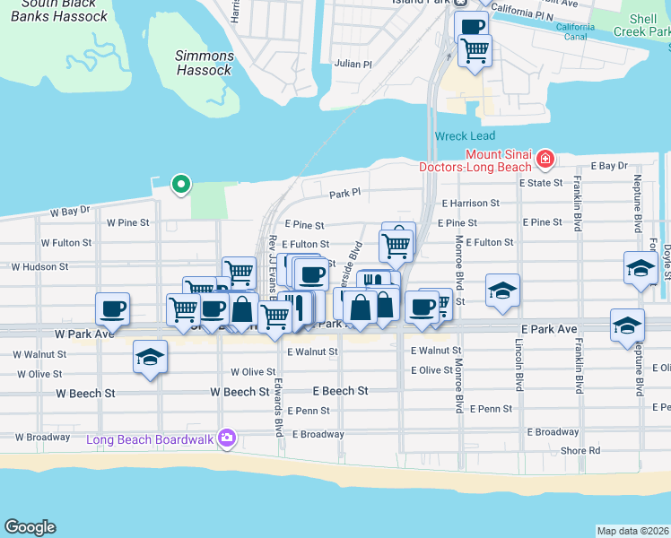 map of restaurants, bars, coffee shops, grocery stores, and more near 70 East Market Street in Long Beach
