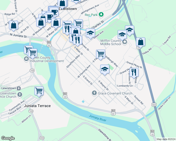 map of restaurants, bars, coffee shops, grocery stores, and more near 504 South Wayne Street in Lewistown