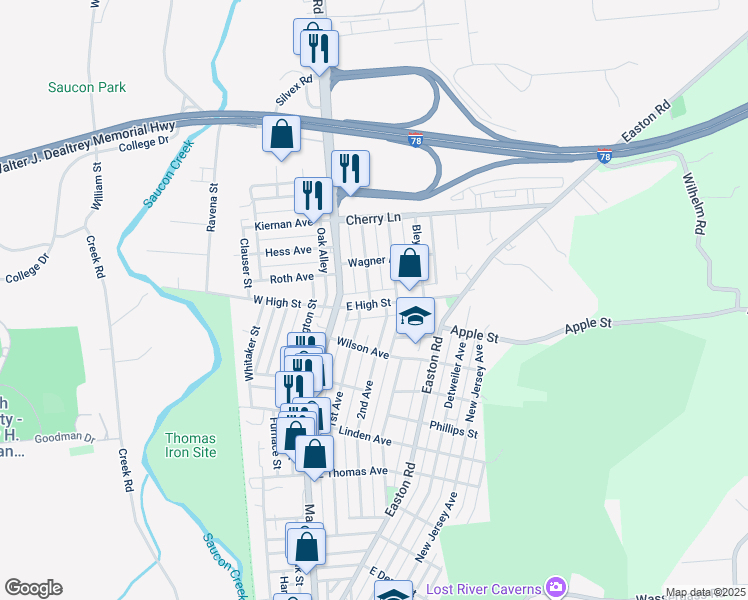 map of restaurants, bars, coffee shops, grocery stores, and more near 125 East High Street in Hellertown