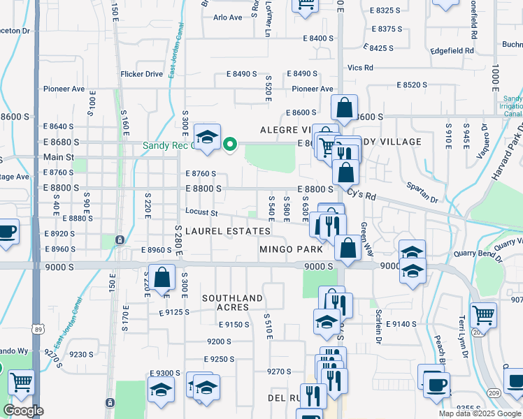 map of restaurants, bars, coffee shops, grocery stores, and more near 8891 Mingo Park Drive in Sandy