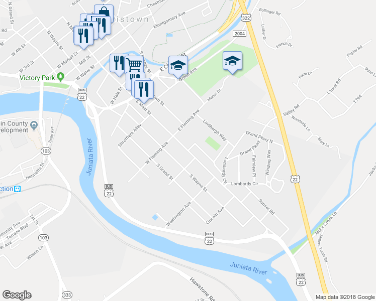 map of restaurants, bars, coffee shops, grocery stores, and more near 101 Susquehanna Avenue in Lewistown