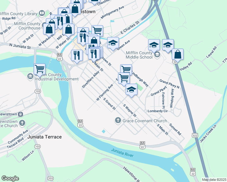 map of restaurants, bars, coffee shops, grocery stores, and more near 509 South Wayne Street in Lewistown