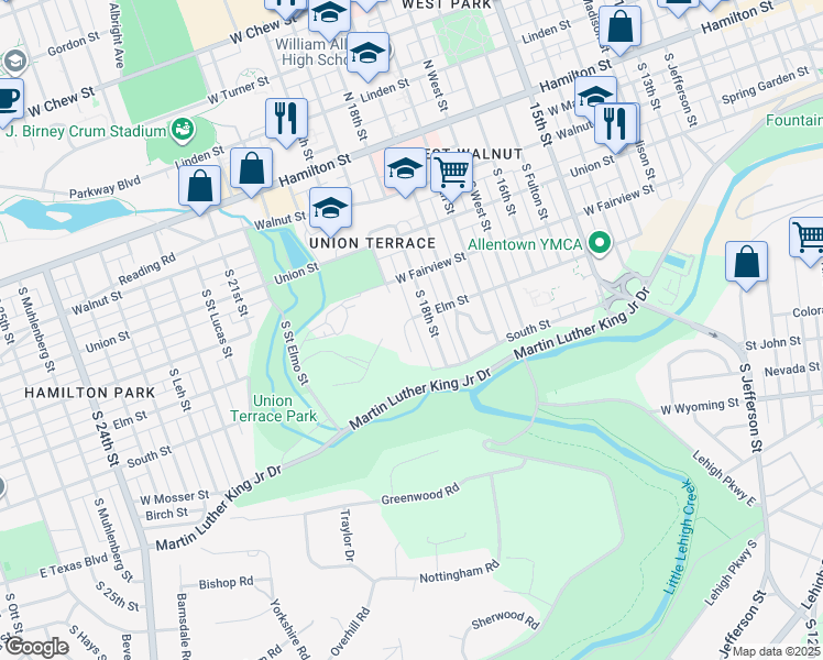 map of restaurants, bars, coffee shops, grocery stores, and more near 438 South 18th Street in Allentown