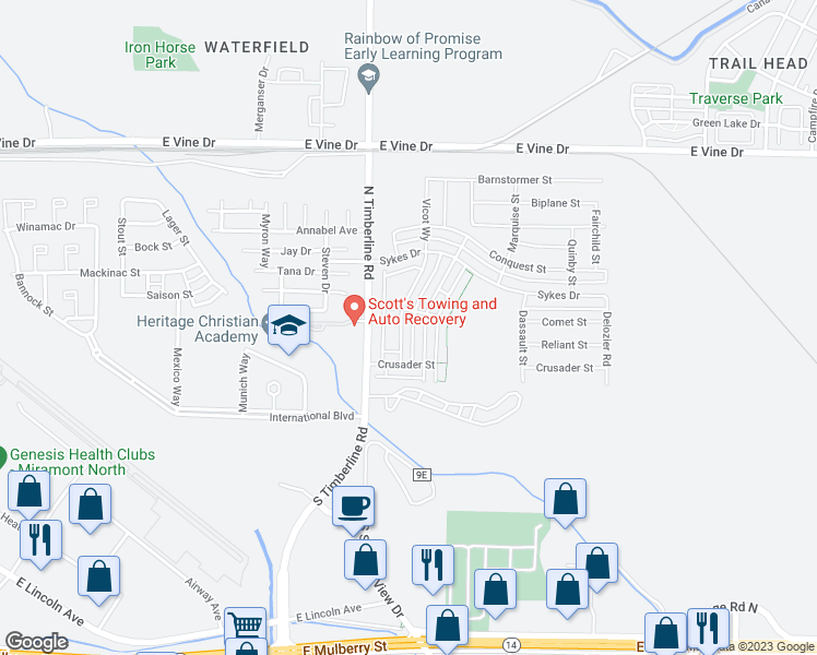 map of restaurants, bars, coffee shops, grocery stores, and more near 340 Vicot Way in Fort Collins