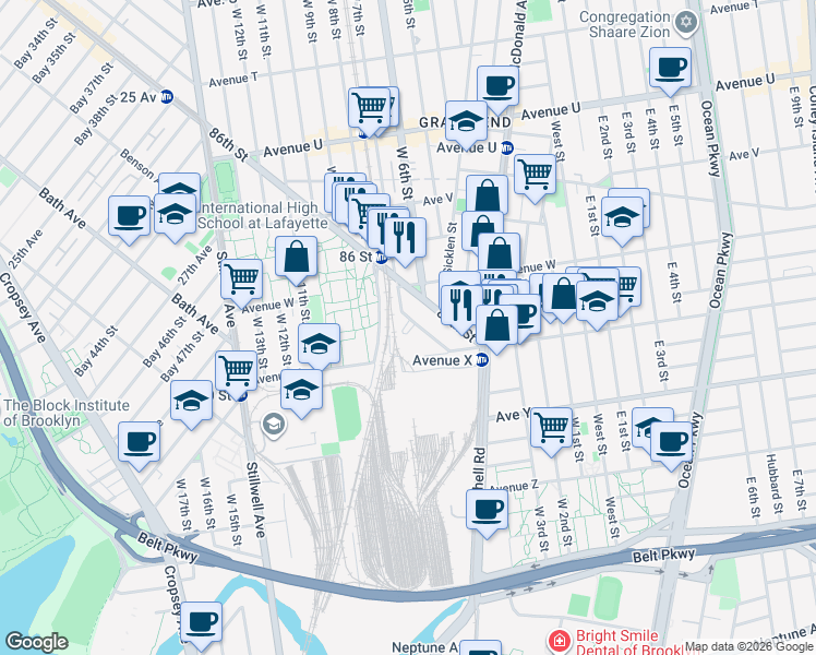 map of restaurants, bars, coffee shops, grocery stores, and more near 2346 Boynton Place in Brooklyn