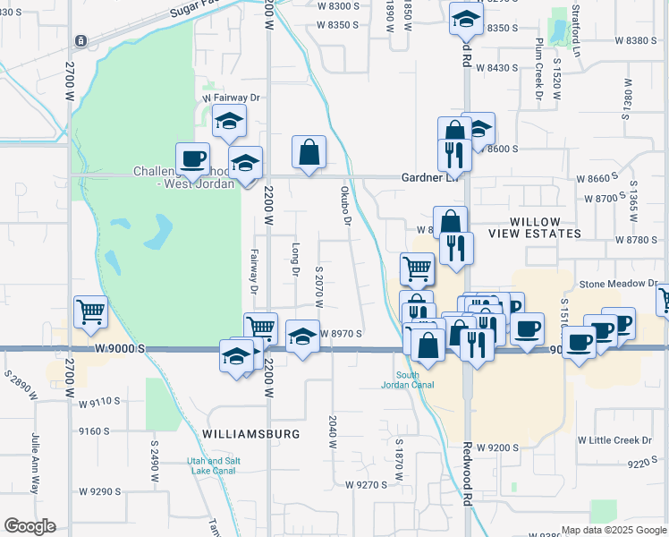 map of restaurants, bars, coffee shops, grocery stores, and more near 2041 West 8820 South in West Jordan