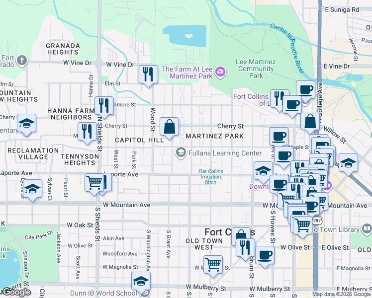 map of restaurants, bars, coffee shops, grocery stores, and more near 227 North Loomis Avenue in Fort Collins