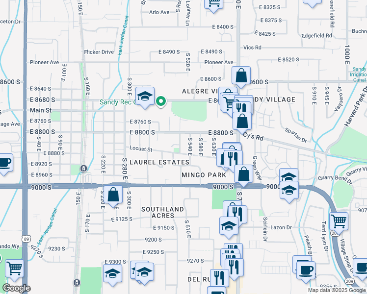 map of restaurants, bars, coffee shops, grocery stores, and more near 8891 Mingo Park Drive in Sandy