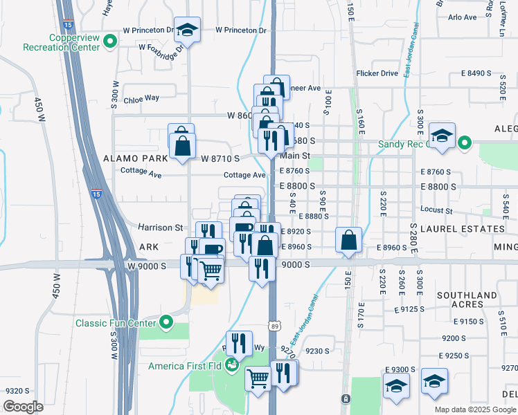 map of restaurants, bars, coffee shops, grocery stores, and more near 8916 State Street in Sandy